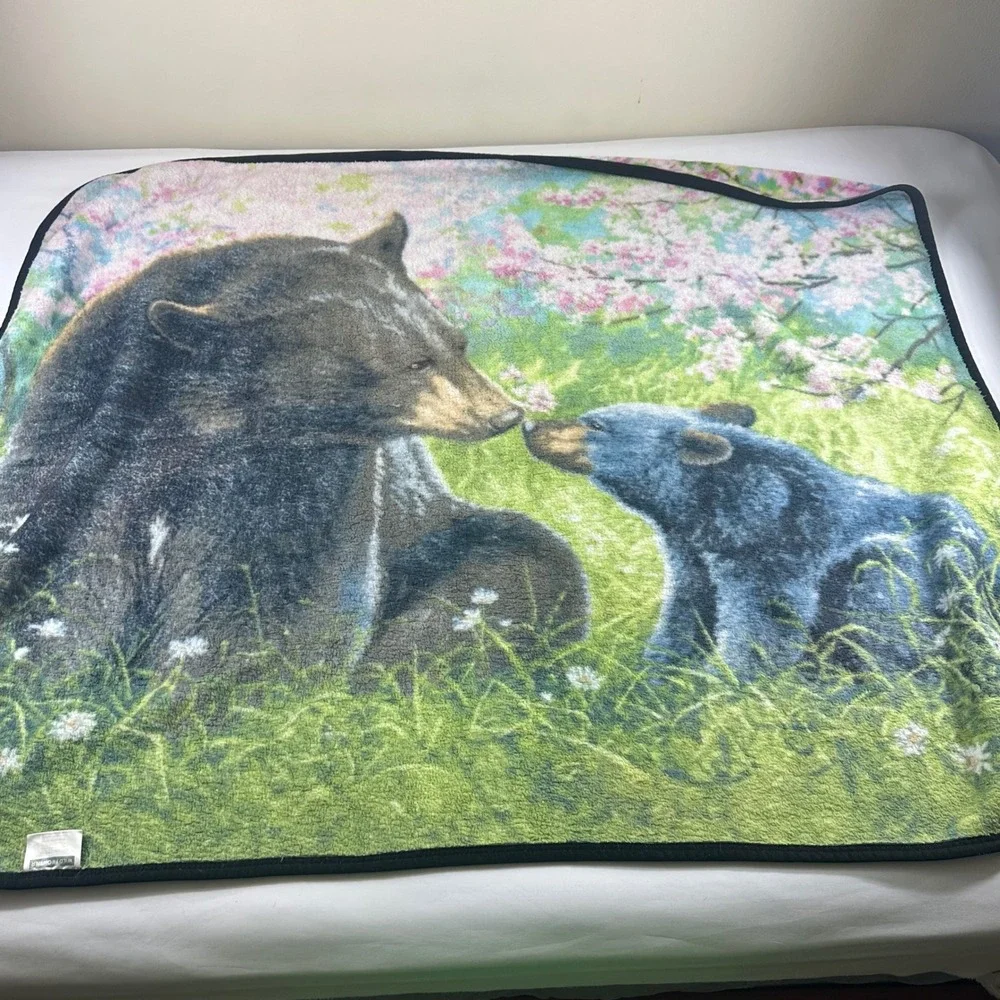 Abraham Hunter Bear Cub Mother Spring Blossom Fleece Blanket Throw‎